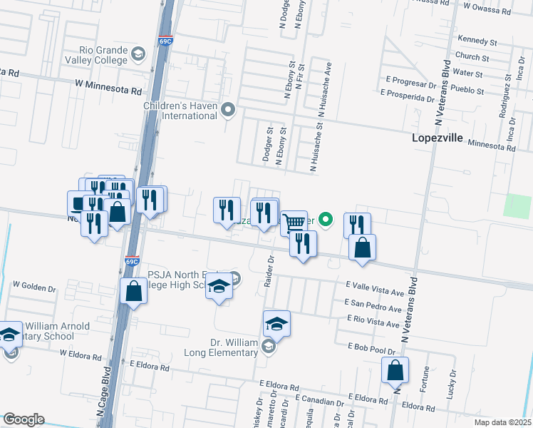 map of restaurants, bars, coffee shops, grocery stores, and more near 4610 North Dogwood Street in Pharr
