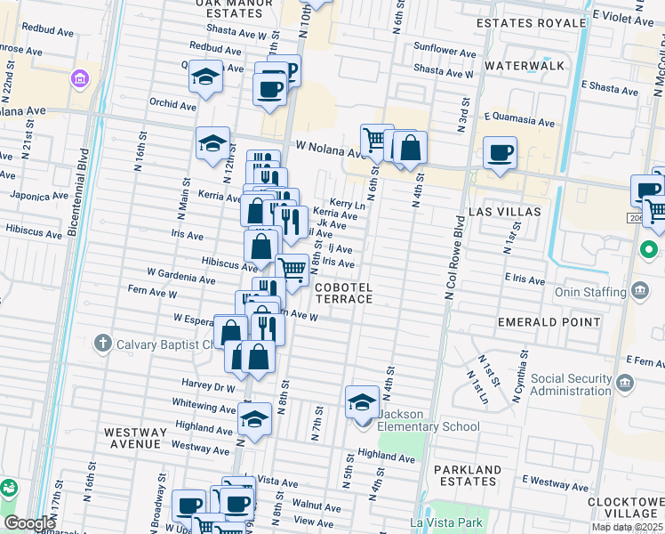 map of restaurants, bars, coffee shops, grocery stores, and more near 610 Hibiscus Avenue in McAllen