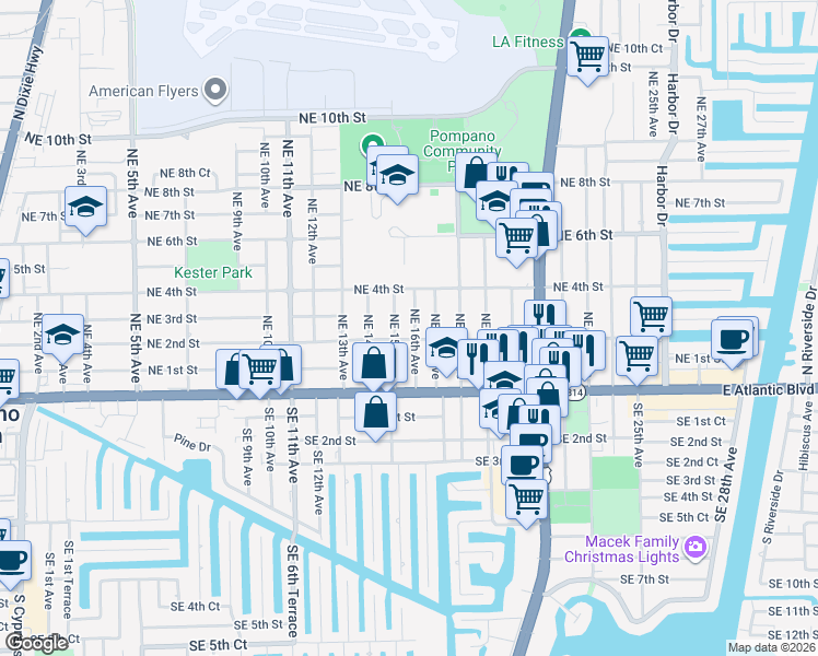 map of restaurants, bars, coffee shops, grocery stores, and more near 1600 Northeast 2nd Street in Pompano Beach