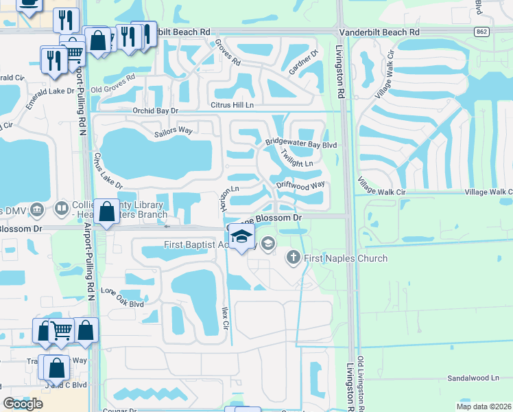 map of restaurants, bars, coffee shops, grocery stores, and more near 3019 Horizon Lane in Naples