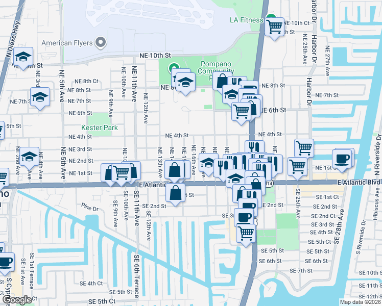 map of restaurants, bars, coffee shops, grocery stores, and more near 1600 Northeast 2nd Street in Pompano Beach