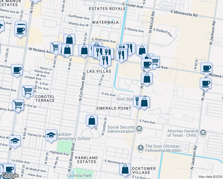 map of restaurants, bars, coffee shops, grocery stores, and more near 3500 North Cynthia Street in McAllen