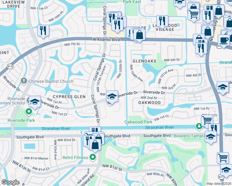 map of restaurants, bars, coffee shops, grocery stores, and more near 10698 Northwest 2nd Place in Coral Springs