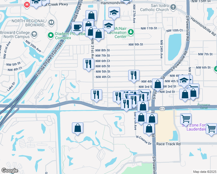 map of restaurants, bars, coffee shops, grocery stores, and more near 2921 Northwest 2nd Street in Pompano Beach