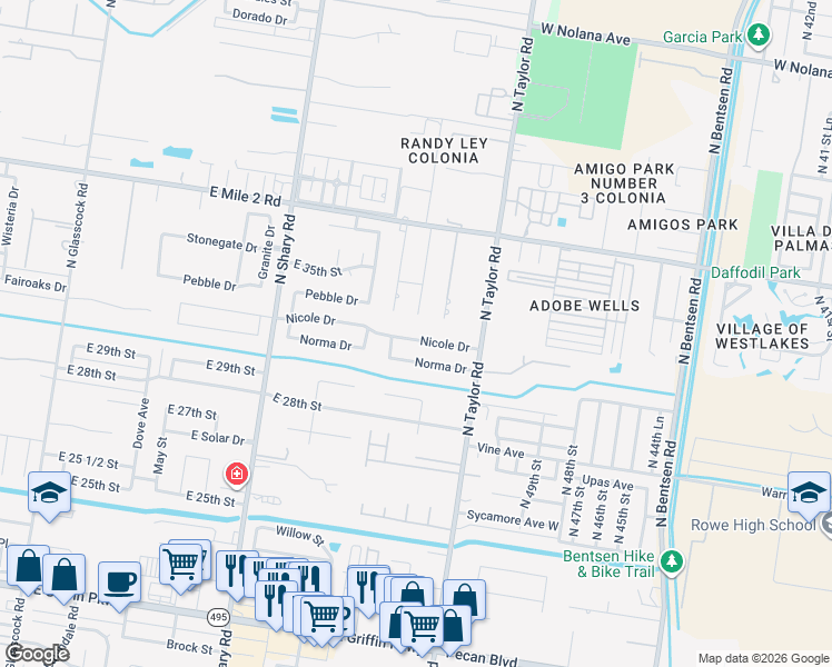 map of restaurants, bars, coffee shops, grocery stores, and more near 2506 Nicole Drive in Mission