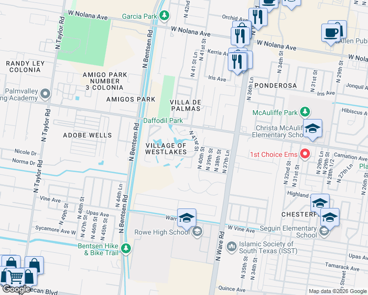 map of restaurants, bars, coffee shops, grocery stores, and more near 3105 Harvey Street in McAllen