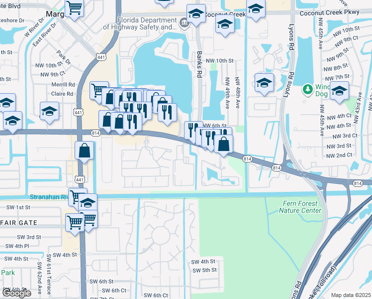 map of restaurants, bars, coffee shops, grocery stores, and more near 422 North Laurel Drive in Margate