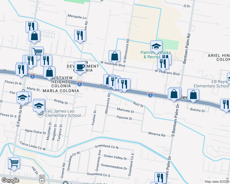 map of restaurants, bars, coffee shops, grocery stores, and more near 201 Aurora Drive in Palmview