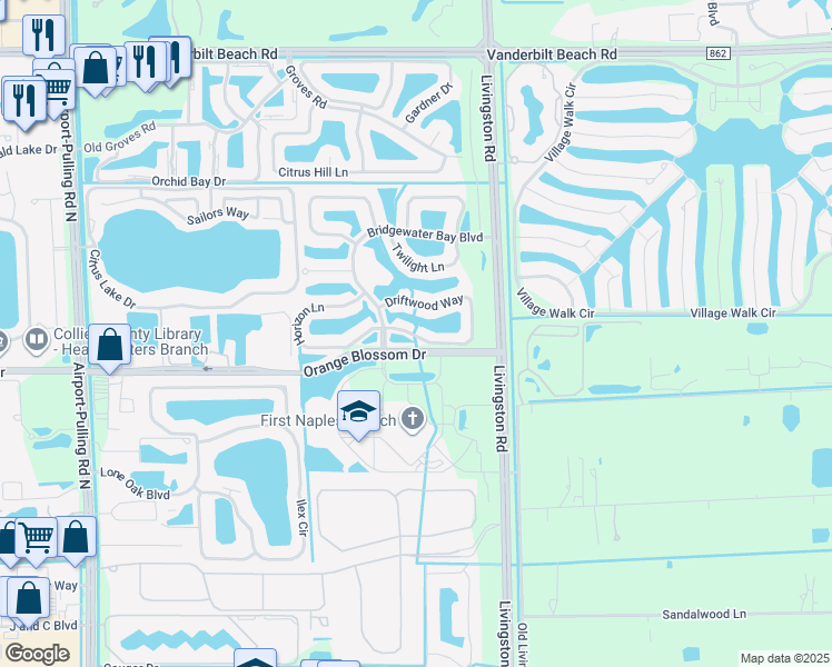 map of restaurants, bars, coffee shops, grocery stores, and more near 3009 Driftwood Way in Naples
