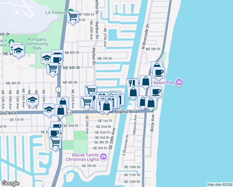 map of restaurants, bars, coffee shops, grocery stores, and more near 2749 Northeast 1st Street in Pompano Beach