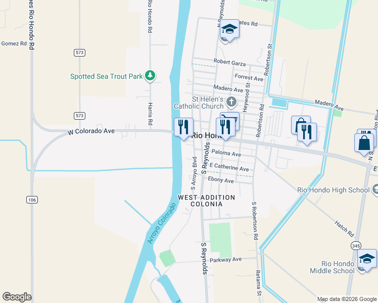 map of restaurants, bars, coffee shops, grocery stores, and more near 206 South Arroyo Boulevard in Rio Hondo