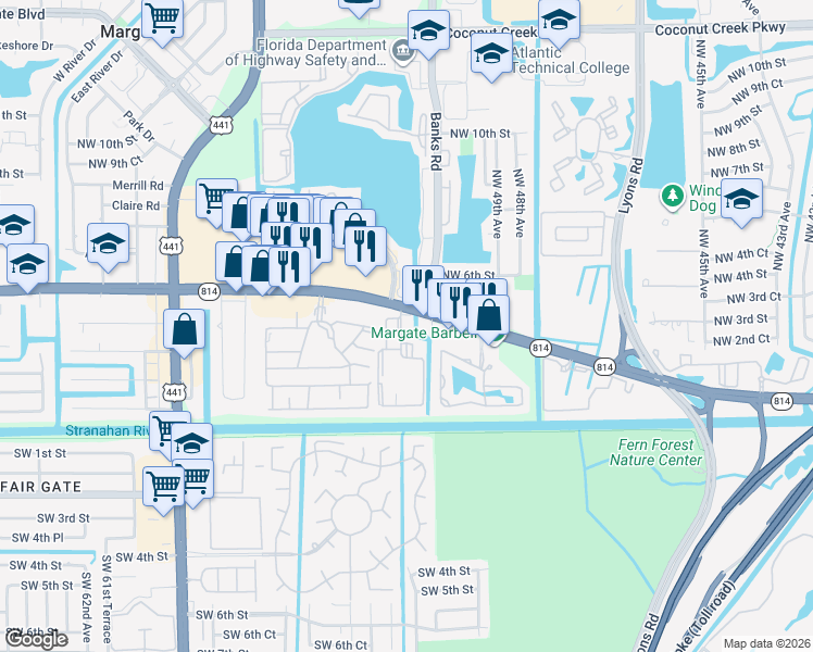 map of restaurants, bars, coffee shops, grocery stores, and more near 422 North Laurel Drive in Margate