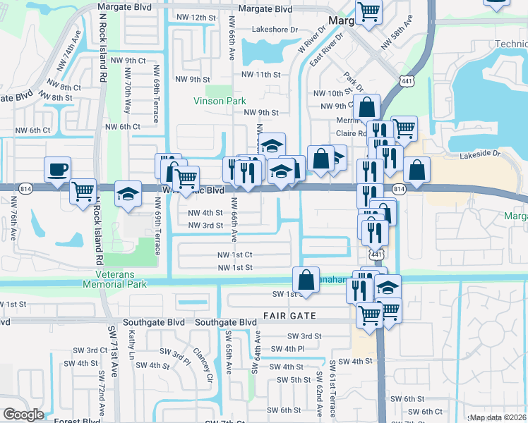 map of restaurants, bars, coffee shops, grocery stores, and more near 6545 Northwest 3rd Street in Margate