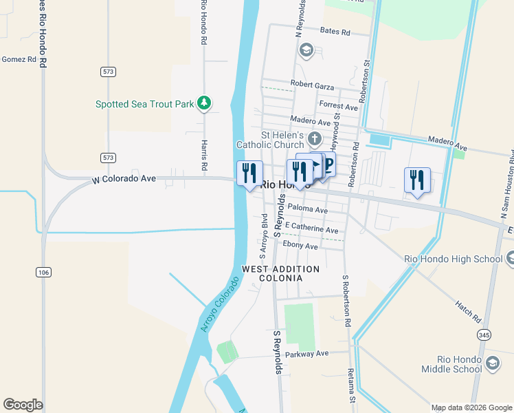 map of restaurants, bars, coffee shops, grocery stores, and more near 206-310 South Arroyo Boulevard in Rio Hondo