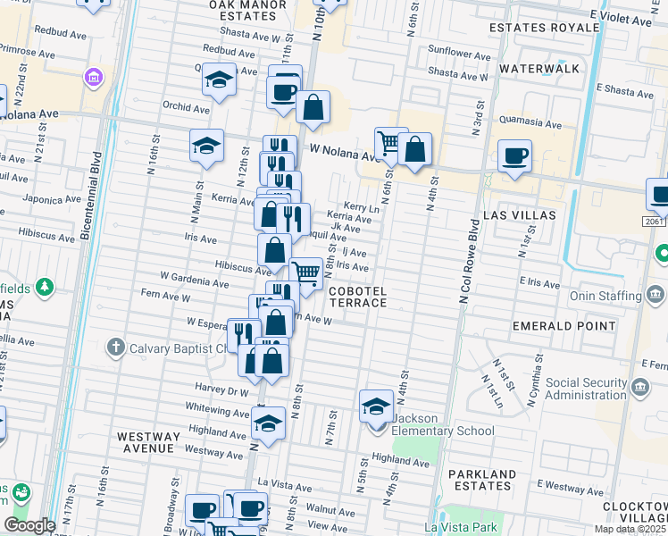 map of restaurants, bars, coffee shops, grocery stores, and more near 23 North 8th Street in McAllen