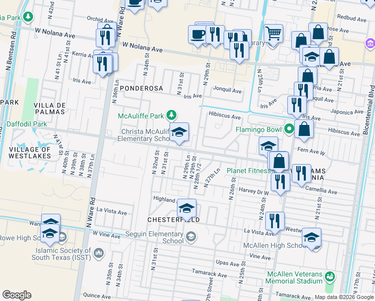 map of restaurants, bars, coffee shops, grocery stores, and more near 3001 West Daffodil Avenue in McAllen