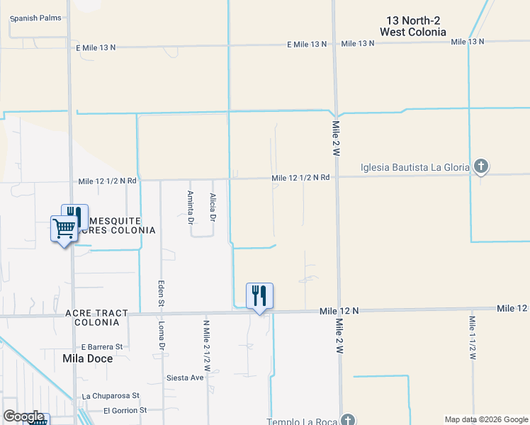 map of restaurants, bars, coffee shops, grocery stores, and more near 7807 Lorena Drive in Mercedes