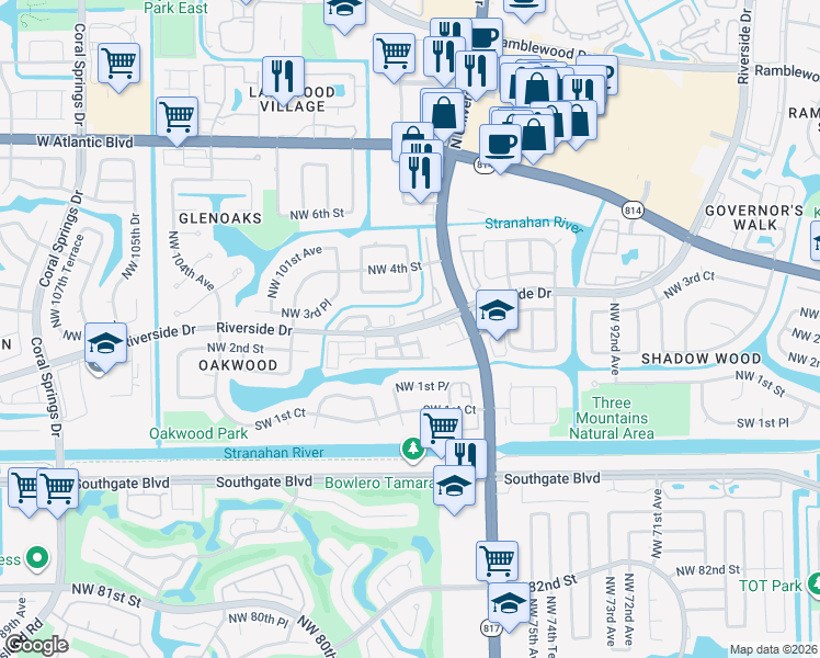 map of restaurants, bars, coffee shops, grocery stores, and more near 160 Northwest 97th Terrace in Coral Springs