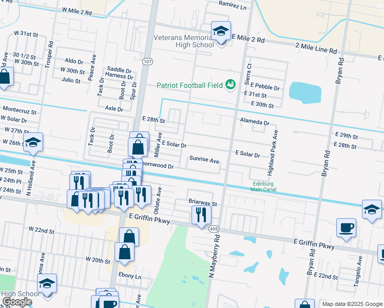 map of restaurants, bars, coffee shops, grocery stores, and more near 510 Sunrise Lane in Mission