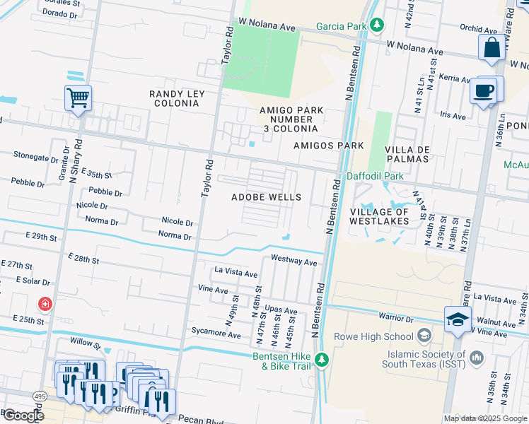 map of restaurants, bars, coffee shops, grocery stores, and more near 4805 Harvey Street in McAllen