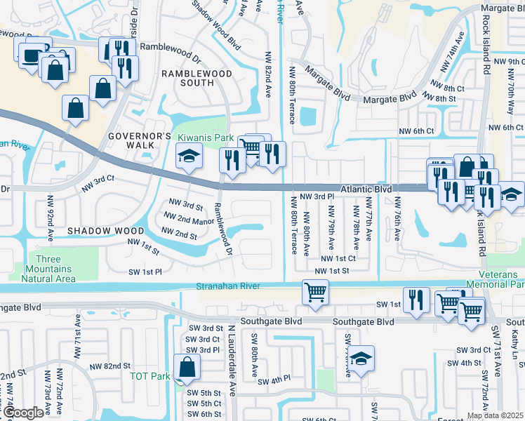 map of restaurants, bars, coffee shops, grocery stores, and more near 248 Northwest 81st Terrace in Coral Springs