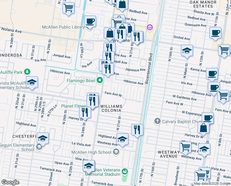 map of restaurants, bars, coffee shops, grocery stores, and more near 2107 Fern Avenue West in McAllen