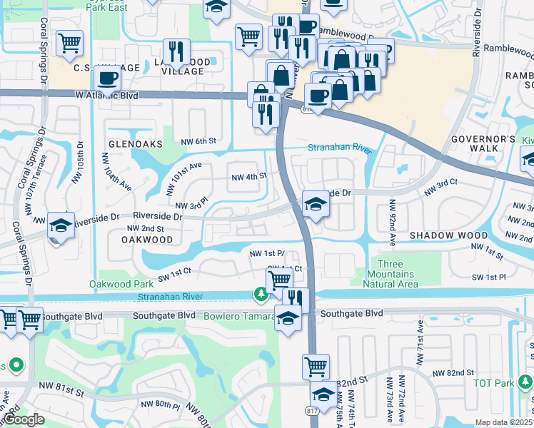 map of restaurants, bars, coffee shops, grocery stores, and more near 160 Northwest 97th Terrace in Coral Springs