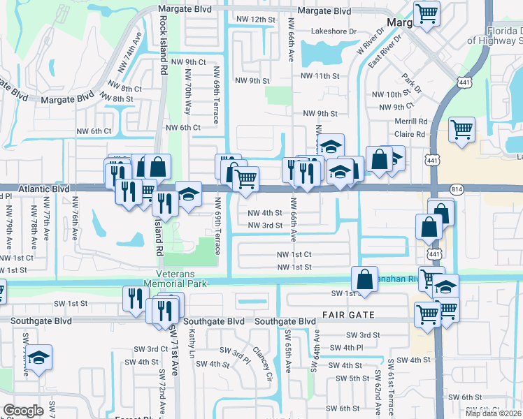 map of restaurants, bars, coffee shops, grocery stores, and more near 6799 Northwest 3rd Street in Margate