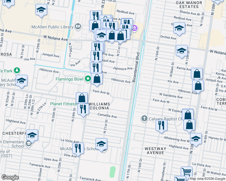 map of restaurants, bars, coffee shops, grocery stores, and more near 3201 North 20th Street in McAllen