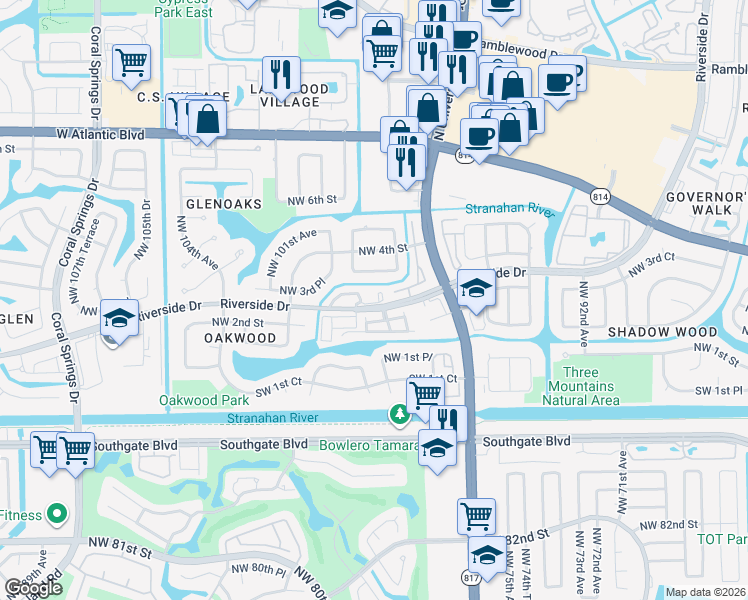 map of restaurants, bars, coffee shops, grocery stores, and more near 9780 Northwest 3rd Manor in Coral Springs