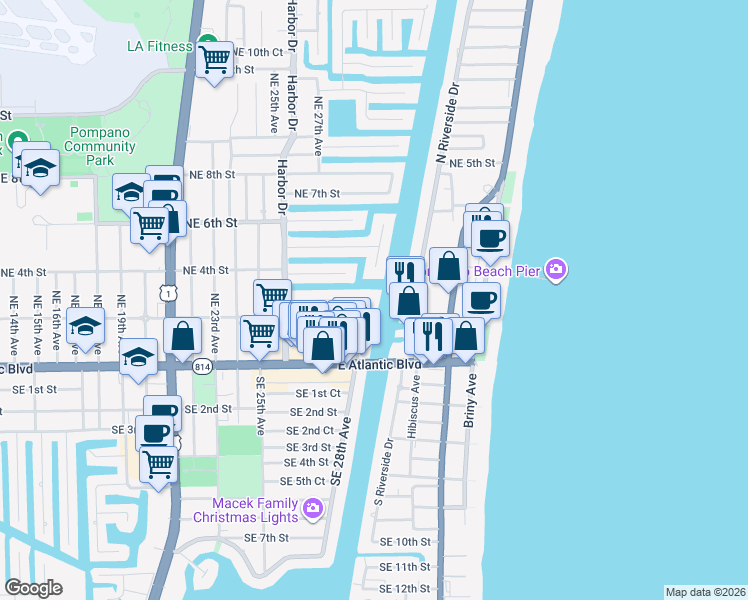 map of restaurants, bars, coffee shops, grocery stores, and more near in Pompano Beach