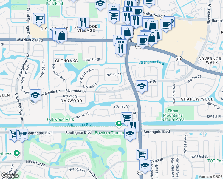 map of restaurants, bars, coffee shops, grocery stores, and more near 9780 Northwest 3rd Manor in Coral Springs