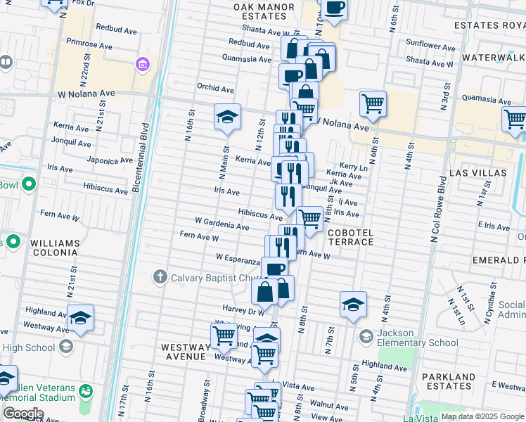 map of restaurants, bars, coffee shops, grocery stores, and more near 1121 West Iris Avenue in McAllen