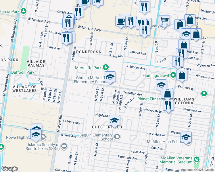 map of restaurants, bars, coffee shops, grocery stores, and more near 31st St in McAllen