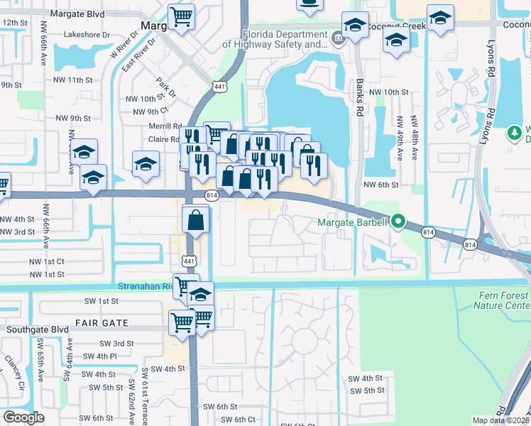 map of restaurants, bars, coffee shops, grocery stores, and more near 5424 West Atlantic Boulevard in Margate