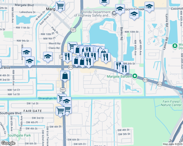 map of restaurants, bars, coffee shops, grocery stores, and more near 5515 North Lakewood Circle in Margate