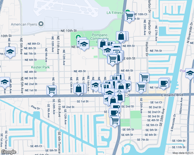 map of restaurants, bars, coffee shops, grocery stores, and more near 231 Northeast 18th Avenue in Pompano Beach