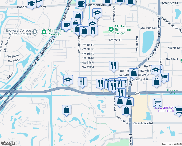 map of restaurants, bars, coffee shops, grocery stores, and more near 2861 Northwest 4th Street in Pompano Beach