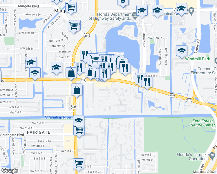 map of restaurants, bars, coffee shops, grocery stores, and more near in Margate