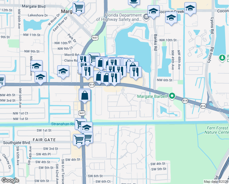 map of restaurants, bars, coffee shops, grocery stores, and more near 5424 West Atlantic Boulevard in Margate