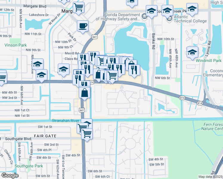map of restaurants, bars, coffee shops, grocery stores, and more near 5424 West Atlantic Boulevard in Margate