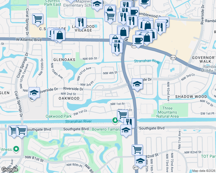 map of restaurants, bars, coffee shops, grocery stores, and more near 9780 Northwest 3rd Manor in Coral Springs