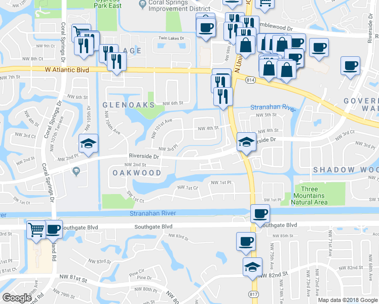 map of restaurants, bars, coffee shops, grocery stores, and more near 9924 Northwest 3rd Place in Coral Springs
