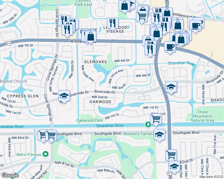 map of restaurants, bars, coffee shops, grocery stores, and more near 311 Northwest 101st Terrace in Coral Springs
