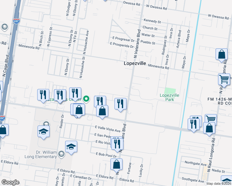 map of restaurants, bars, coffee shops, grocery stores, and more near 5001 North I Road in Pharr