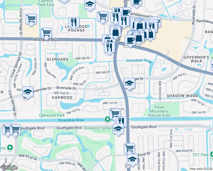 map of restaurants, bars, coffee shops, grocery stores, and more near 9700 Northwest 3rd Manor in Coral Springs