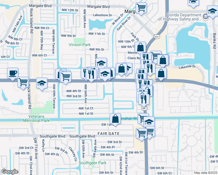 map of restaurants, bars, coffee shops, grocery stores, and more near 6450 West Atlantic Boulevard in Margate
