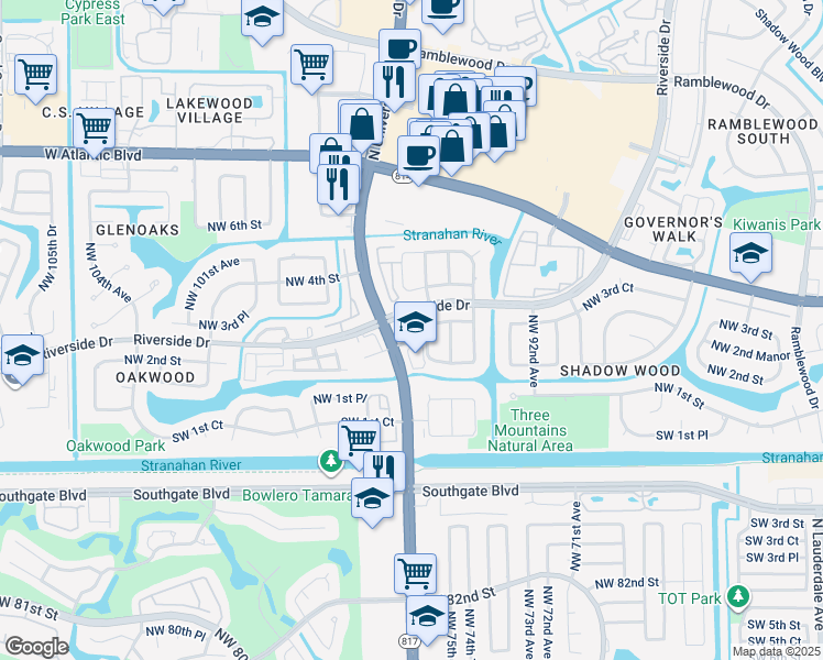 map of restaurants, bars, coffee shops, grocery stores, and more near 365 Shadow Wood Lane in Coral Springs