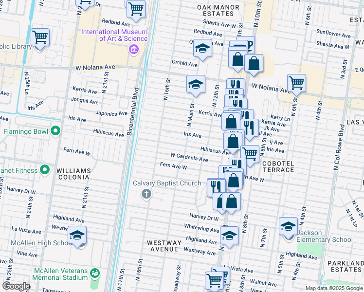 map of restaurants, bars, coffee shops, grocery stores, and more near 1317 West Iris Avenue in McAllen