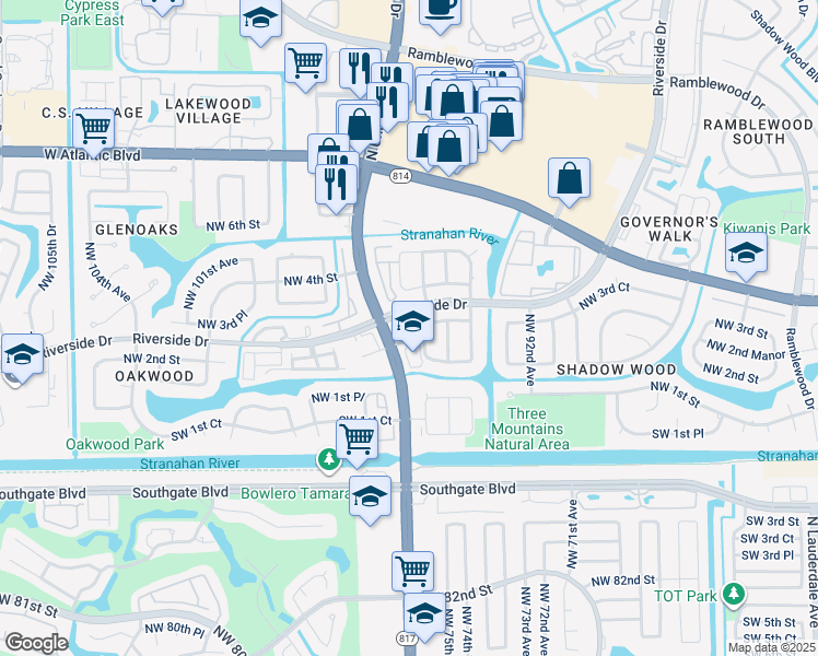 map of restaurants, bars, coffee shops, grocery stores, and more near 365 Shadow Wood Lane in Coral Springs